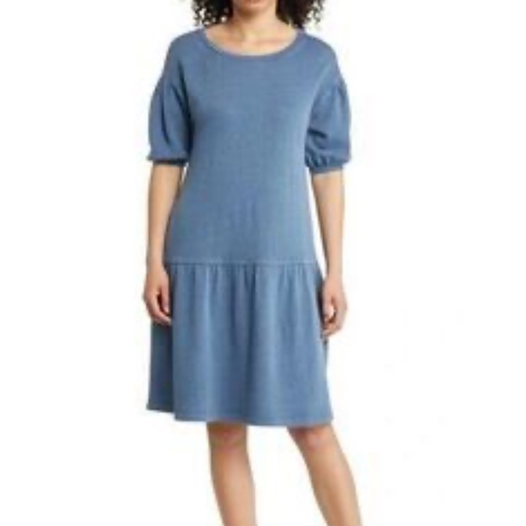 Caslon Casual Blue Dress Short Puff Sleeves Round Neck Size XXS Pockets - Picture 1 of 12